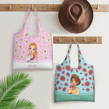 Discover Personalised Cartoon Girl Flying Birth Flower Portable Large Tote Bag with Name Anniversary Birthday Gift for Women