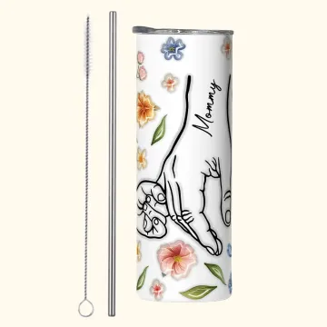 Discover Personalised Watercolour Flowers 3D Effect Hand in Hand Names Skinny Tumbler with Straw and Brush Mother’s Gift for Mom Grandma