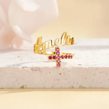 Discover Personalised Dainty Faith Birthstone Cross Adjustable Wrap Ring with Name Christian Jewellery Baptism Birthday Christmas Gift for Women