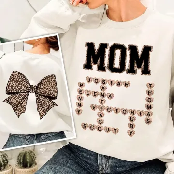 Discover Personalised Funny Leopard Bow Crossword Puzzle T-shirt Sweatshirt with Name Mother's Day Birthday Gift for Mom Grandma
