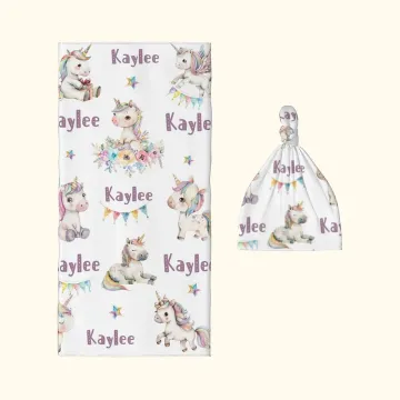 Discover Personalised Fantasy Unicorn Swaddle Blanket and Hat Set with Name Birthday Baby Shower Gift for Newborn Kids