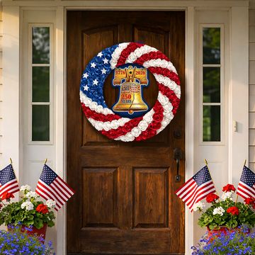 Discover 250 Years American Flag Wreath, Liberty Bell Patriotic Front Door Decor