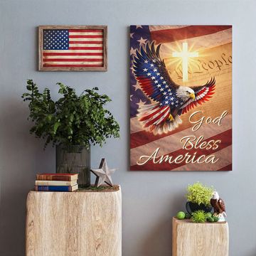 Discover Patriotic God Bless America with Painting Eagle Cross Canvas Wall Art