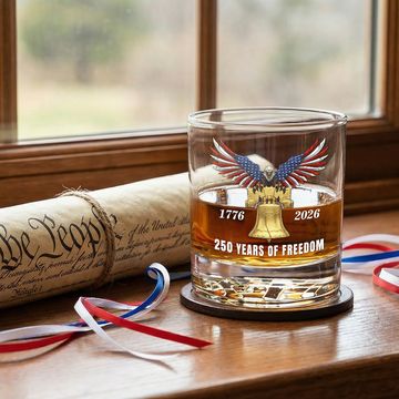 Discover 250 Years of Freedom Eagle with Liberty Bell Printed Whiskey Glass