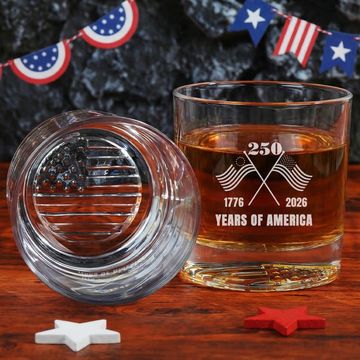 Discover 250 Years of America Engraved Whiskey Glass Patriotic Gift