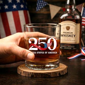 Discover 250th Anniversary Whiskey Glass with Printed 1776 2026 American Flag