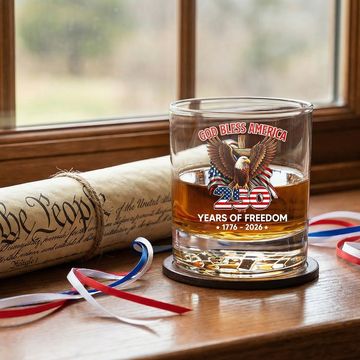 Discover God Bless America 250 Years of Freedom Eagle Printed Whiskey Glass