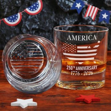 Discover 250th Anniversary 1776 2026 Whiskey Glass with Engraved American Flag
