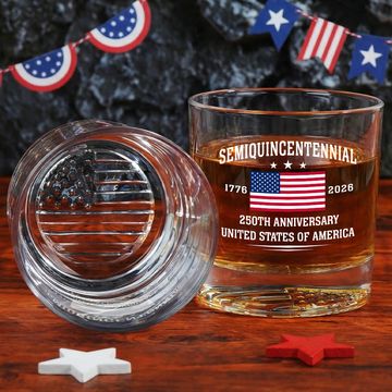 Discover America 250th Anniversary USA Flag Printed Whiskey Glass for Patriotic Gifting
