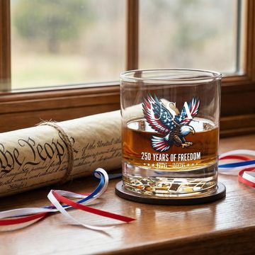 Discover 250 Years of Freedom American Printed Whiskey Glass for Patriotic Gift