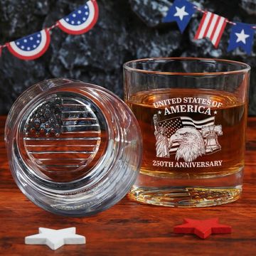 Discover 250th Anniversary of America Eagle Liberty Engraved Whiskey Glass