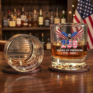 Discover 250 Years of Freedom, 1776 2026 Eagle Printed Whiskey Glass Patriotic Gift