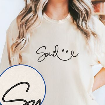 Discover Smile Be Happy Positive Embroidered T-Shirt