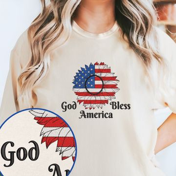 Discover Sunflower God Bless America Embroidered T-Shirt