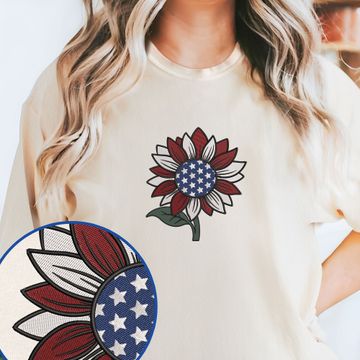 Discover America Sunflower 4th Of july Independence Day Embroidered T-Shirt