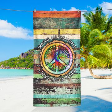 Discover Hippie Peace Sign, Imagine All The People Living Life In Peace Beach Towel
