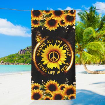Discover Hippie Sunflower. Imagine All The People Living Life In Peace Beach Towel