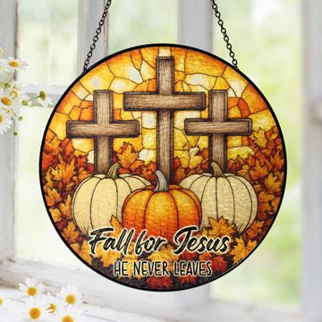 Discover Fall for Jesus He Never Leaves Cross Pumpkin Autumn Stained Glass Suncatcher
