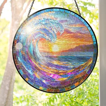 Discover Ocean Wave Stained Glass Suncatcher - Beach Sunset Window Hanging for Coastal Home Decor 3-Day Shipping