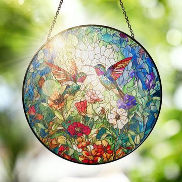 Discover Hummingbirds In Flower Garden Hummingbird Stained Glass Suncatcher