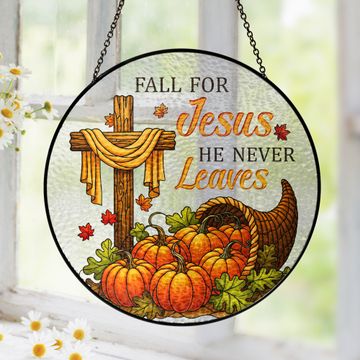 Discover Fall for Jesus He Never Leaves Jesus Cross Thanksgiving Fall Stained Glass Suncatcher