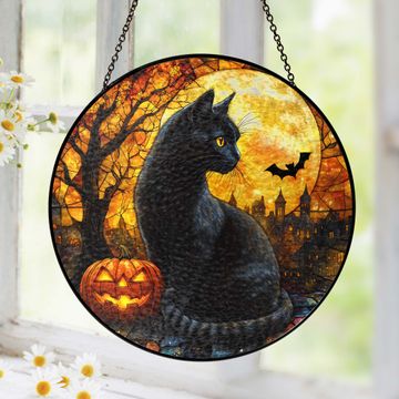 Discover Black Cat Halloween Pumpkins Stained Glass Suncatcher 3-Day Shipping