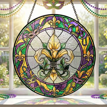 Discover Mardi Gras Suncatcher, Stained glass Fleur de Lis Carnival Gift Decor