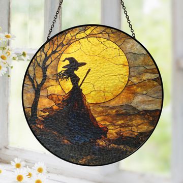 Discover Halloween Witch Stained Glass Suncatcher – Handmade Colorful Window Decor, Ideal Spooky Gift for Witchcraft Fans