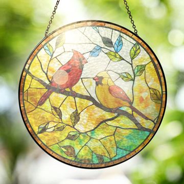 Discover Couple Cardinal Stained Glass Suncatcher Gifts for Mom, Grandma, Gardening Decor 3-Day Shipping