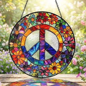 Discover Woodstock Hippie Suncatcher, Peace Sign Hippie Stained Glass Decor