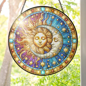 Discover Moon Sun Stained Glass Suncatcher - Colorful Witchcraft Window Art, Handmade Celestial Hanging Ornament for Year-Round Spiritual Home Decor 3-Day Shipping
