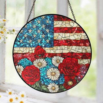 Discover Flagwix American Flag - Patriotic Floral USA Flag Stained Glass Suncatcher Window Decor