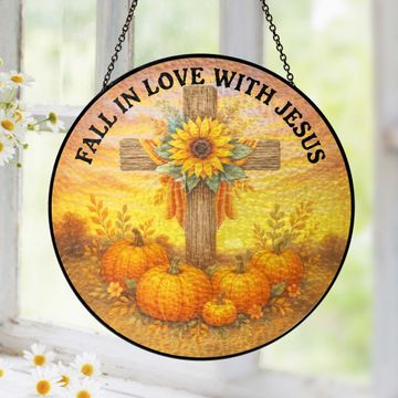 Discover Fall In Love With Jesus Cross Pumpkin Autumn Stained Glass Suncatcher