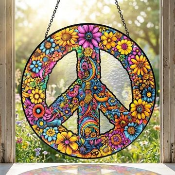 Discover Hippie Peace Sign Woodstock Sunflower Stained Glass Suncatcher