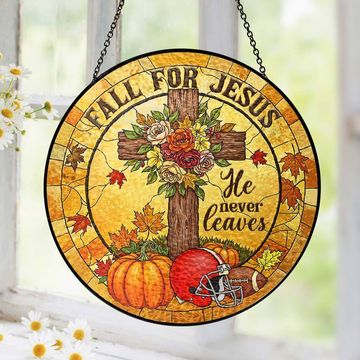 Discover Fall Football Christian He Never Leaves Stained Glass Suncatcher