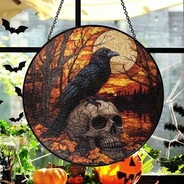 Discover Halloween Raven Stained Glass Suncatcher - Gothic Crow Window Hanging for Home Decor