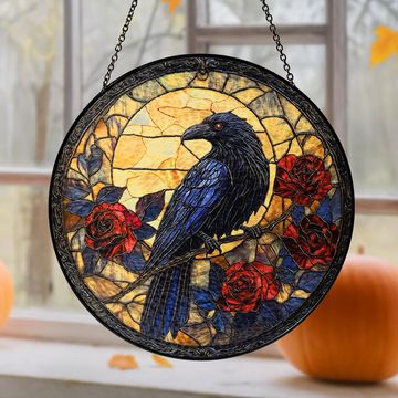 Discover Halloween Stained Glass Suncatcher - Gothic Crow Window Hanging for Spooky Ambiance