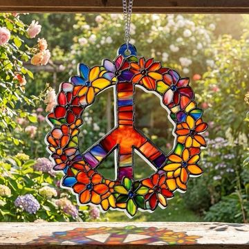 Discover Woodstock Hippie Acrylic Suncatcher, Peace Love Flower Window Decor