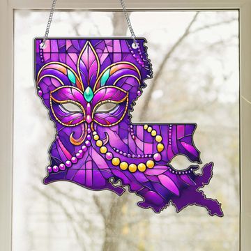 Discover Louisiana Map Mardi Gras Suncatcher Acrylic Hanging Sign