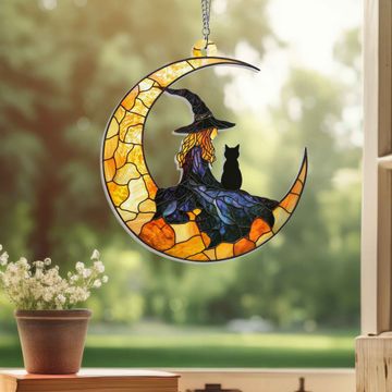 Discover Halloween Witch And Black Cat On The Moon Suncatcher Acrylic Hanging