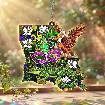 Discover Louisiana Map Mardi Gras Mask Fleur De Lis Acrylic Suncatcher Hanging