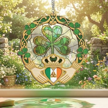 Discover Irish Shamrock Claddagh Window Suncatcher – 2 Layer Hanging Ornament, Unique Irish Gift for Home & Friends 3-Day Shipping