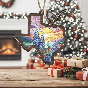 Discover Christmas Ornament, Texas Suncatcher, Northern Mockingbird & Bluebonnet Design, Perfect Gift for Texas Pride & Home Decor 3-Day Shipping