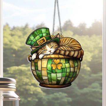 Discover St. Patrick's Day Cat in Lucky Clover Pot Suncatcher Acrylic Hanging Sign