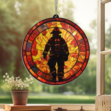 Discover Firefighter Suncatcher Patriotic 9/11 Tribute Gift, Retired Fireman Memorial Ornament, First Responder Window Decor, Never Forget Hanging Decoration