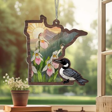 Discover Minnesota State Lady’s Slipper Flower and Loon Minnesota 2 Layered Hanging Suncatcher