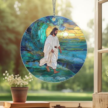 Discover Jesus Walks on Water Suncatcher - 2-Layered Hanging Acrylic Ornament - Inspirational Gift for Faith & Home Decor 3-Day Shipping