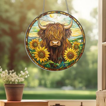 Discover Highland Cow Sunflower Suncatcher Hanging Sign, Farm decor