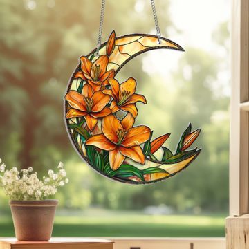 Discover Lily Flower Acrylic Suncatcher, Crescent Moon with Lilies Suncatcher Window Hangings