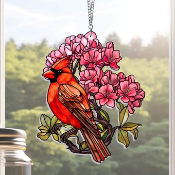 Discover Cardinal and Rhododendron Flower Acrylic Suncatcher Hanging